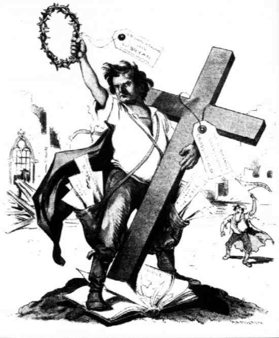 A crusading Bryan with a cross and a nail crown in his hand. This glorious cartoon can be yours if only you wait for its 28 KB to download.