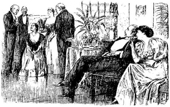 A carricature showing a man and a woman in a upper class salon, with an older woman talking to men in the backgorund. Yours for 33 KB.