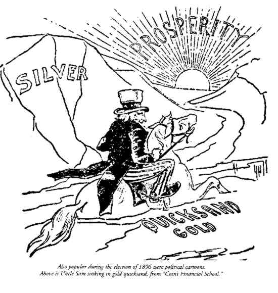 Nice cartoon showing Uncle Sam on his horse caught in the quicksand of Gold, against the mountain of silver. Yours for only 36.99 KB !